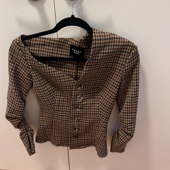 A.w.a.k.e MODE Asymmetric Plaid Wool-Blend Tweed Top - Picture 6 of 7